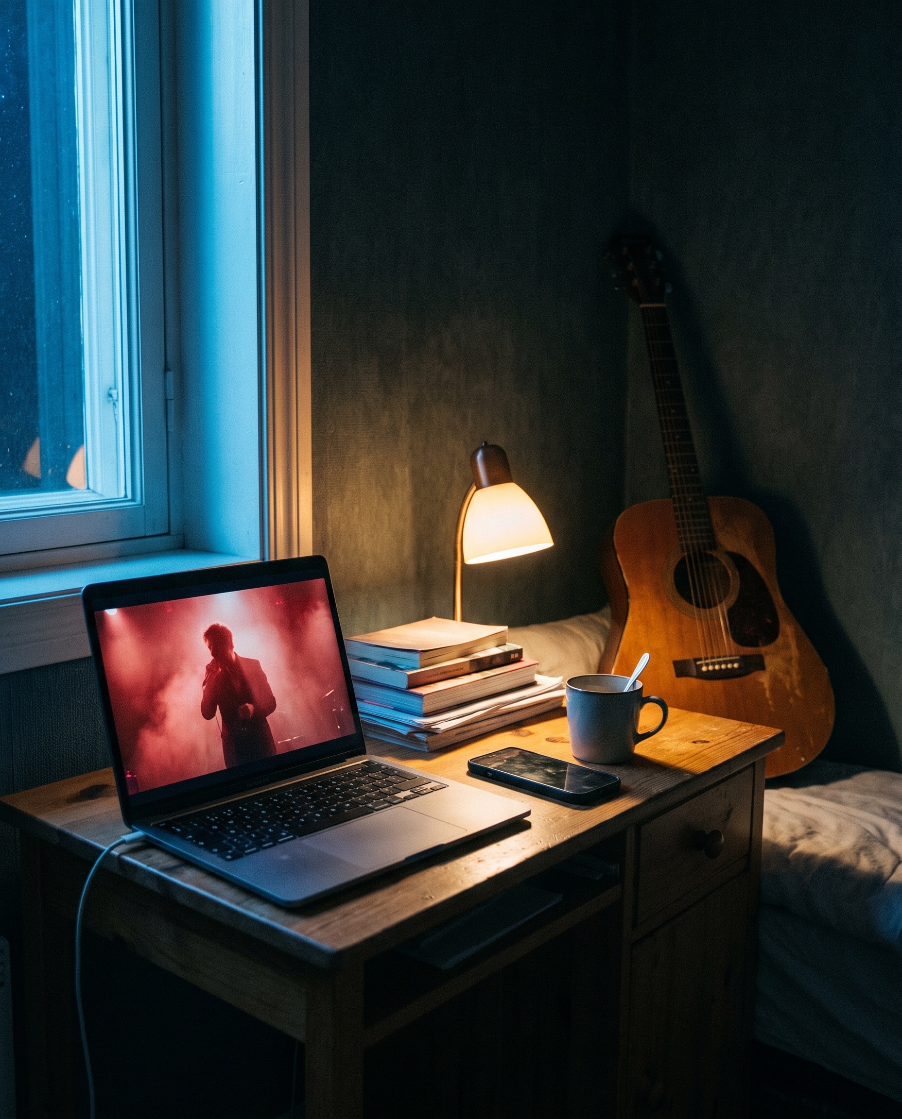 Example photo: a laptop on a desk at night playing a music video, next to a phone and a guitar